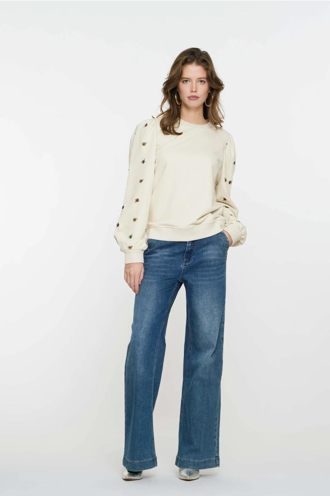 SWEATER MET GEBORDUURDE BLOEMENMOTIEF 52080 21 Sand/Green combi
